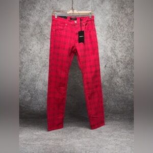 NWT Mens Skinny Slim Fit Comfy Denim Stretch Pants Pink/Black Plaid Size 30